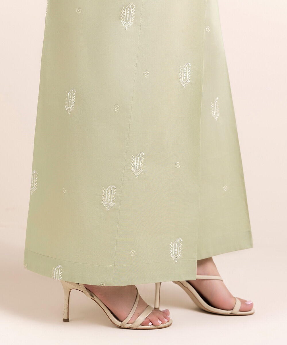 Women's Pret Cambric Green Embroidered Flared Pants