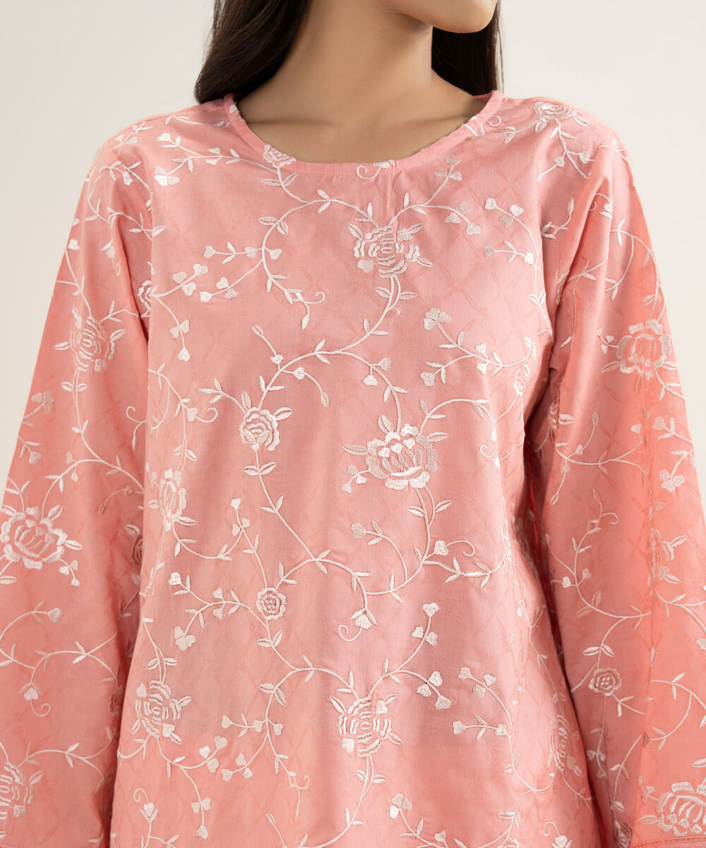 Women's RTW Self Jacquard Embroidered Pink Straight Shirt