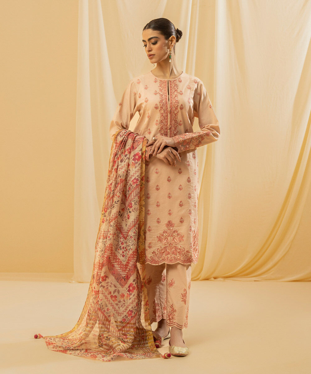 Women's Unstitched Raw Silk  Embroidered Light Beige 3 Piece Suit