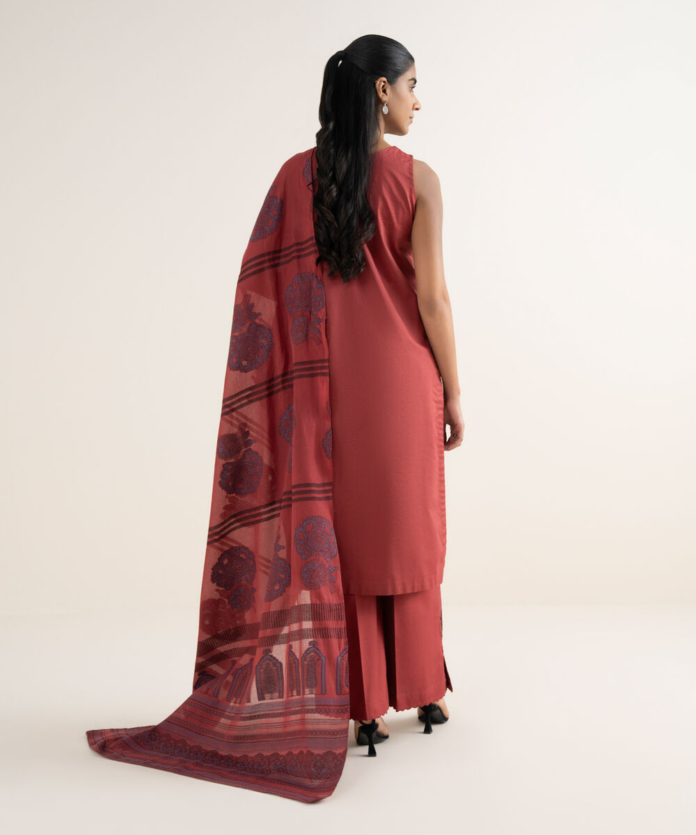 Women's Unstitched Cotton Embroidered Red 3 Piece Suit