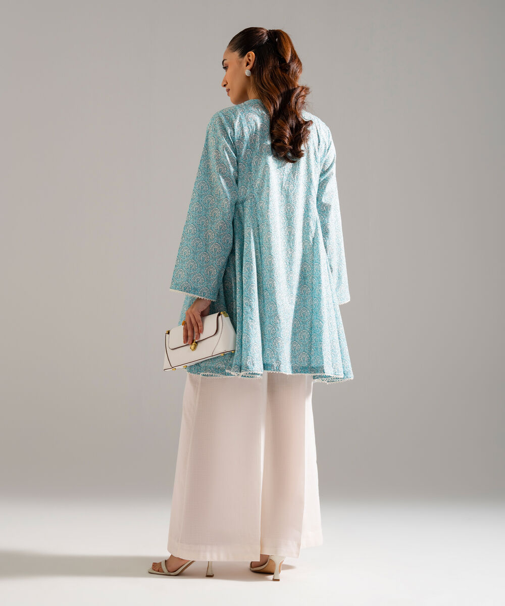 Women's RTW Slub Lawn Printed Blue A-Line Shirt