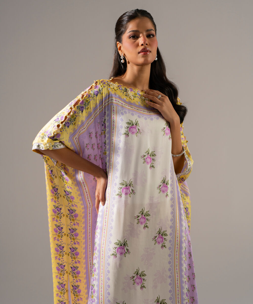 Women's RTW White Featheer Chamoz Printed White Kaftan
