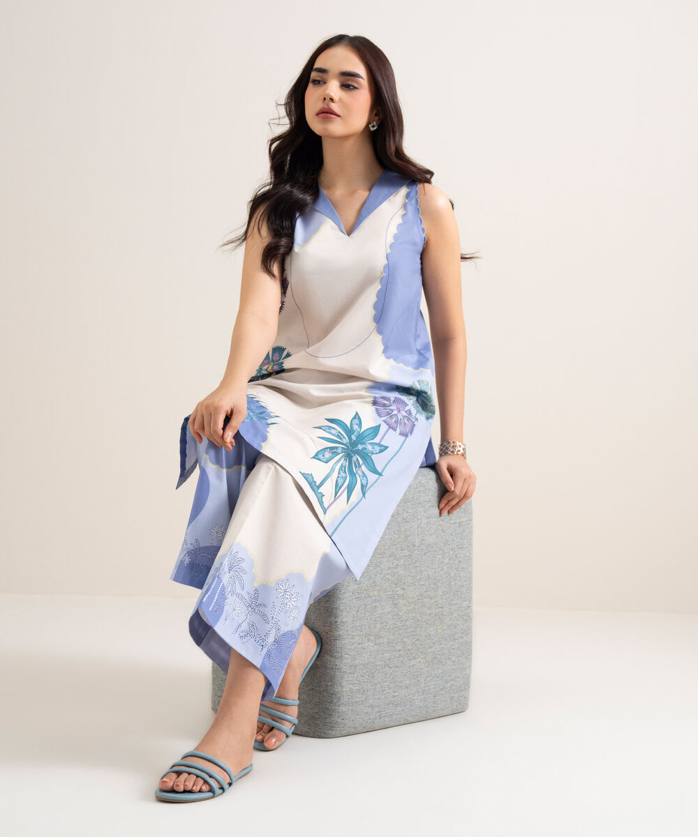 Women's Unstitched Lawn Printed Off White & Blue  2 Piece Suit
