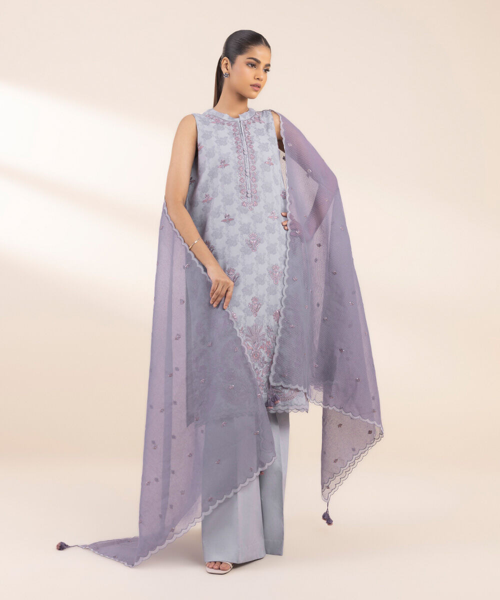 Women's Unstitched Embroidered Cotton Jacquard Light Blue 3 Piece Suit