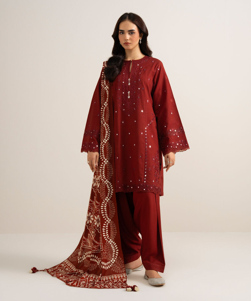 Women's Unstitched Embroidered Linen Maroon 3 Piece Suit