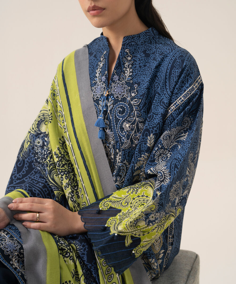 Women's Unstitched Cotton Printed Blue 3 Piece Suit