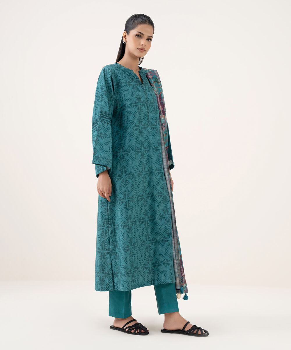Women's Unstitched Light Khaddar Printed Green Three Piece Suit