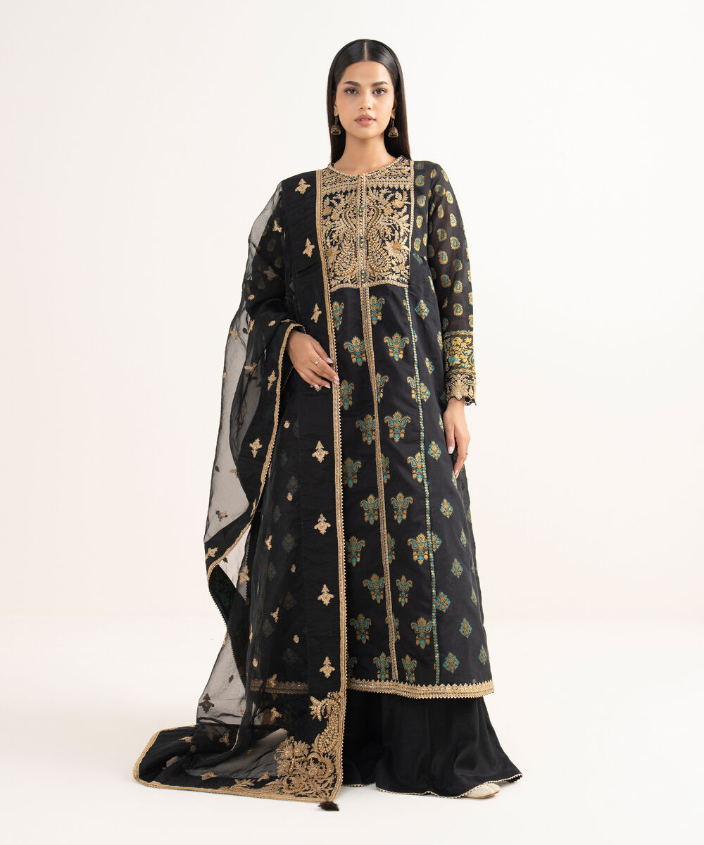 Women's RTW Zari Jacquard Black Embroidered 3 Piece Suit