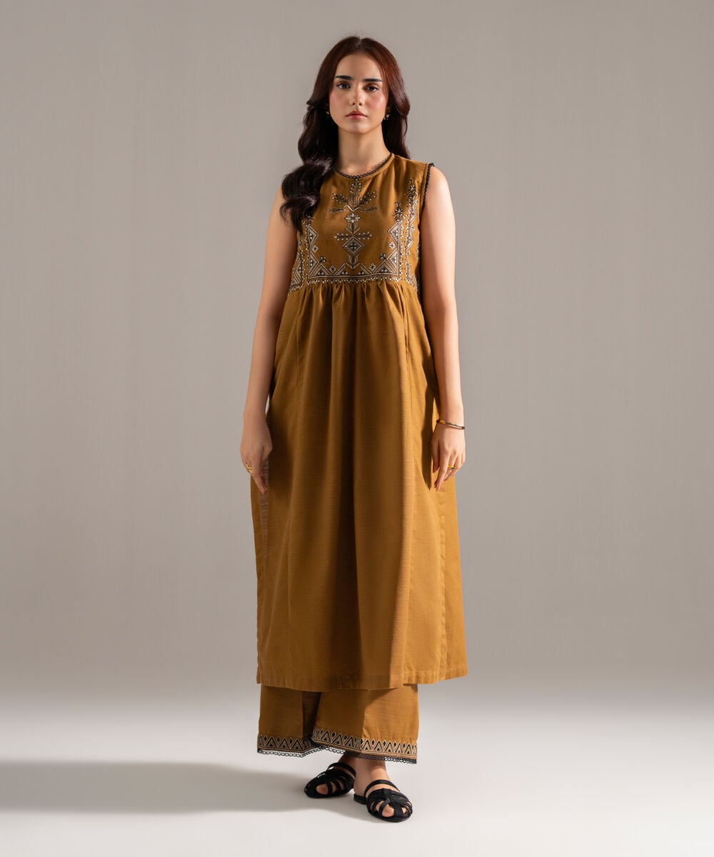 Women's RTW Khaddar Solid Embroidered Brown Flared A-Line Shirt