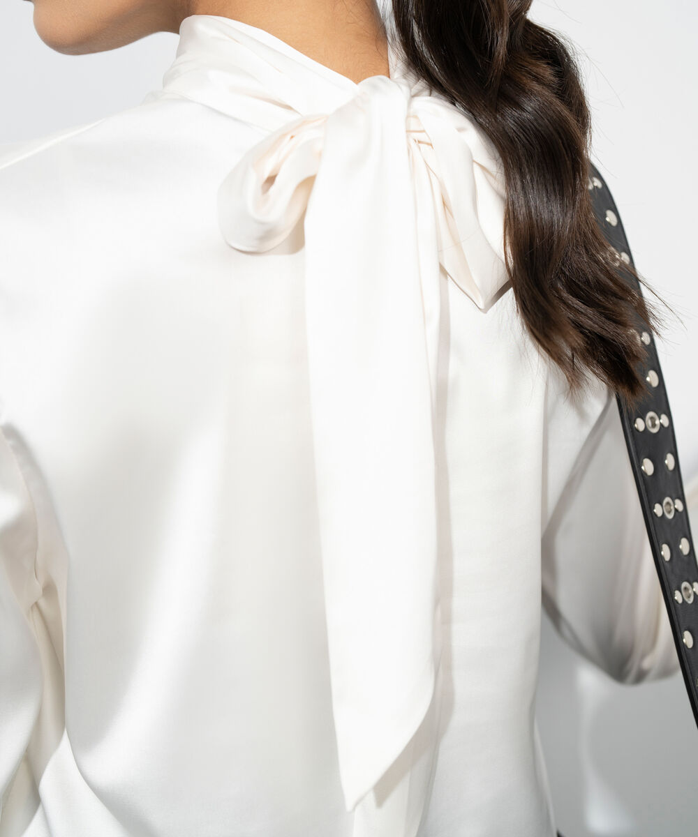 Women's Western Cream Satin Blouse With Back Tie Detail