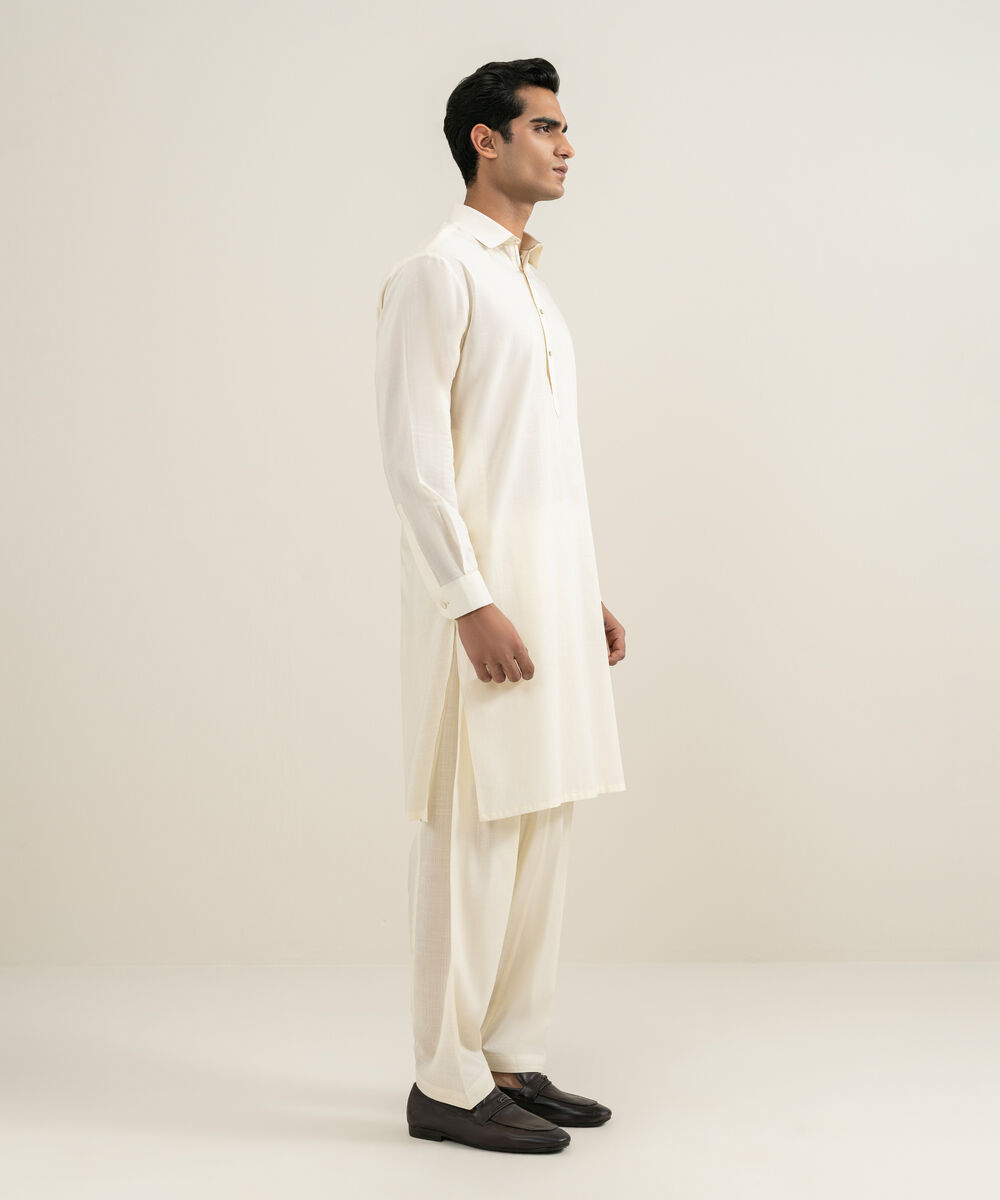 Men's light cream Slub Cotton Kameez Shalwar