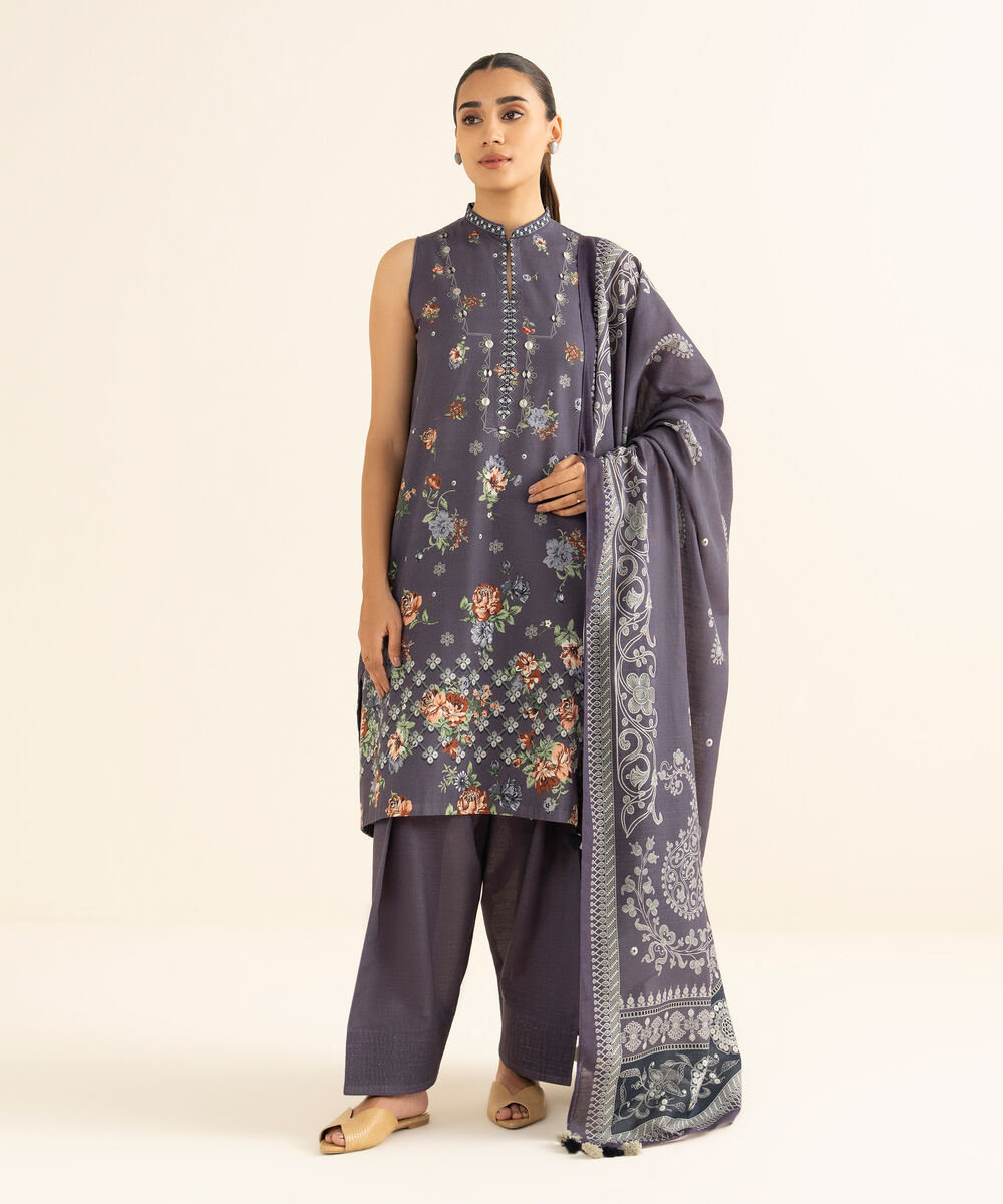 Women's Unstitched Light Khaddar Printed Purple 3 Piece Suit