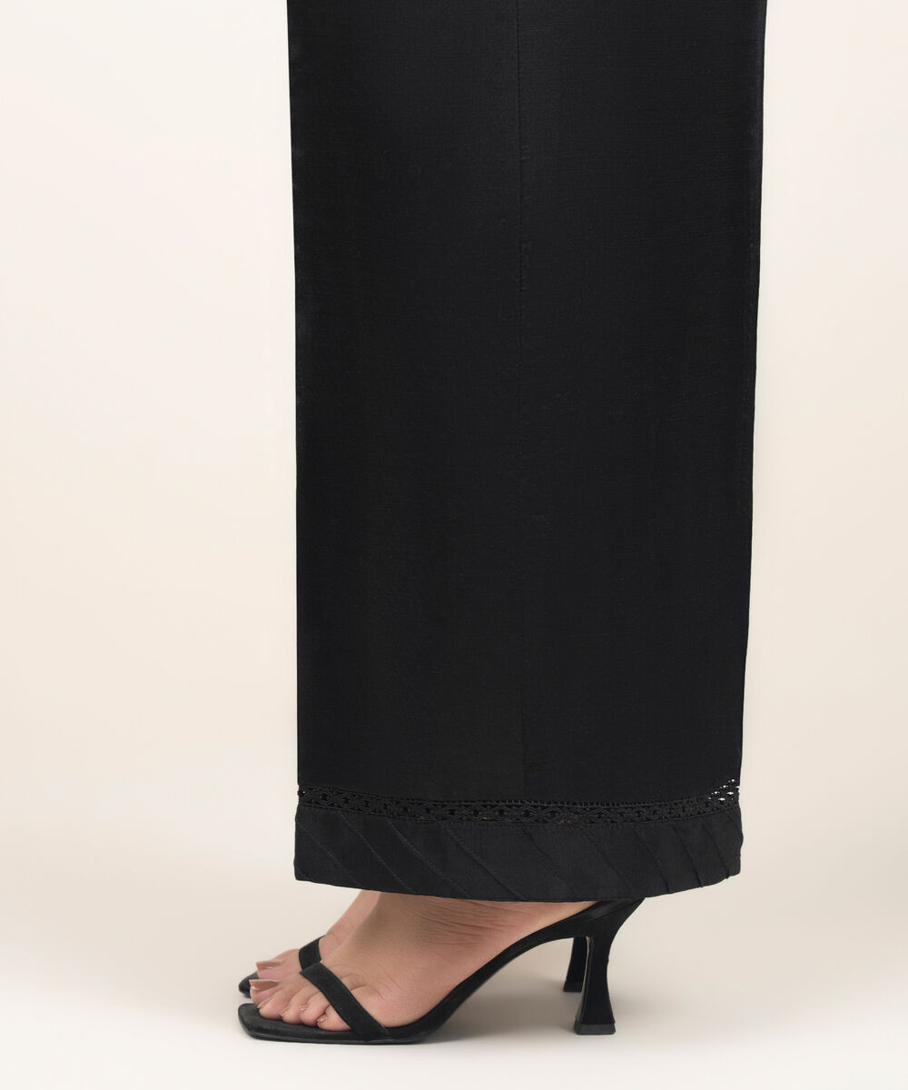 Women's RTW Viscose Raw Silk Solid White Straight Pants