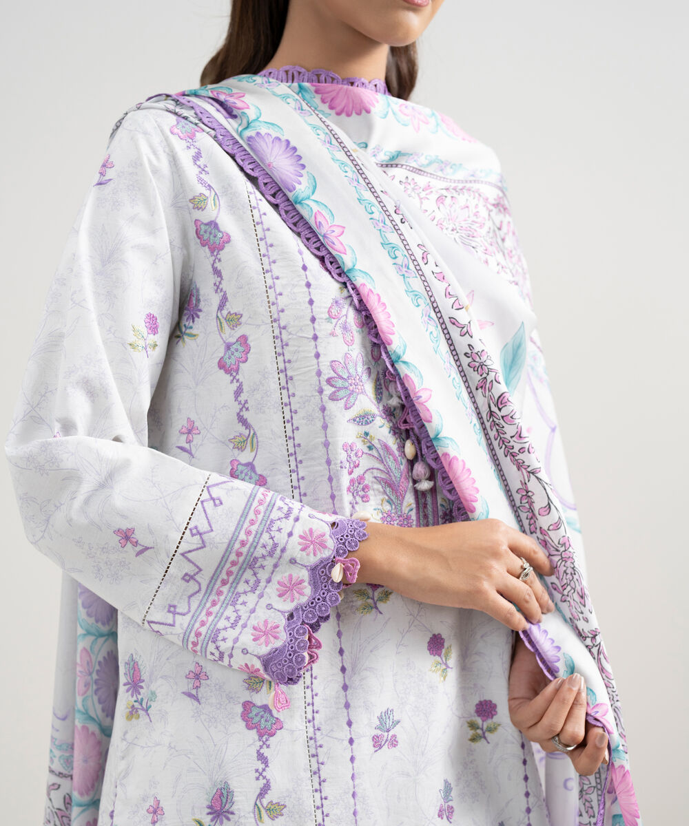 Women's Unstitched Lawn Embroidered Purple 3 Piece Suit