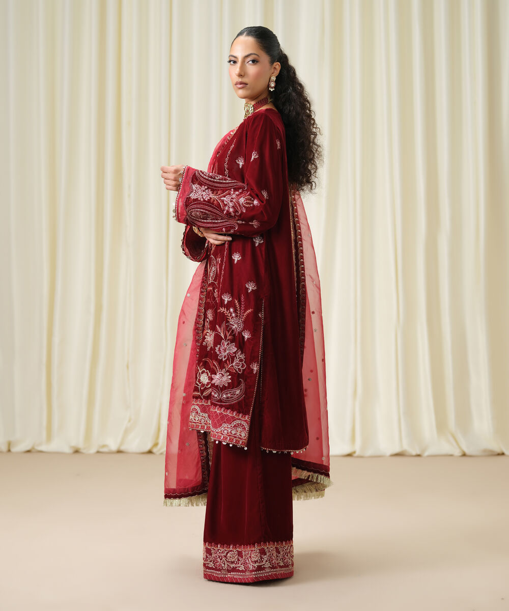 Women's Unstitched Embroidered Velvet Maroon 3 Piece Suit