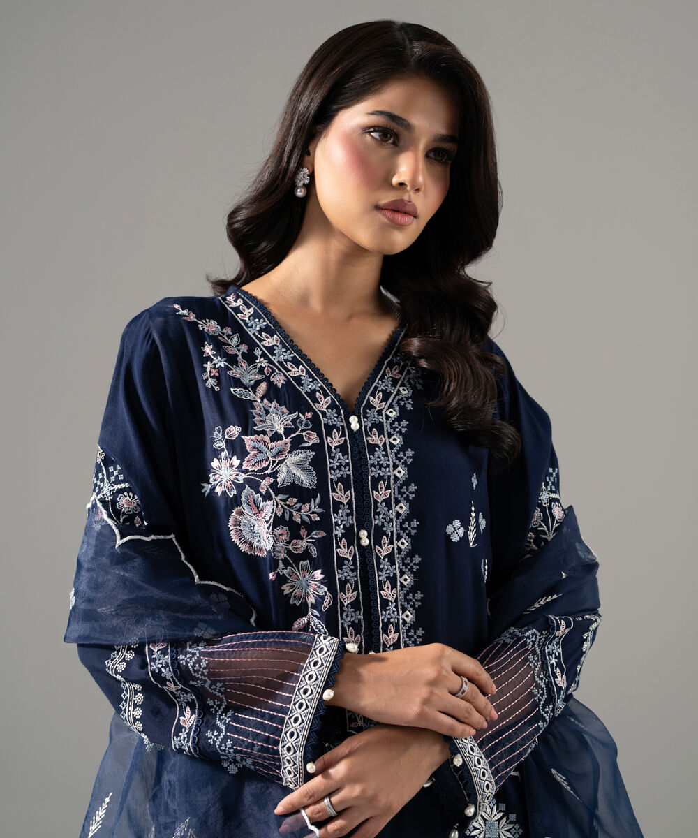 Women's RTW Raw Silk Solid Embroidered Dark Blue 3 Piece Suit