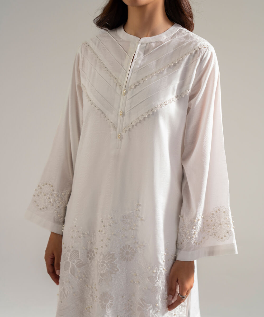 Women's RTW Self Jacquard Embroidered White 2 Piece Suit