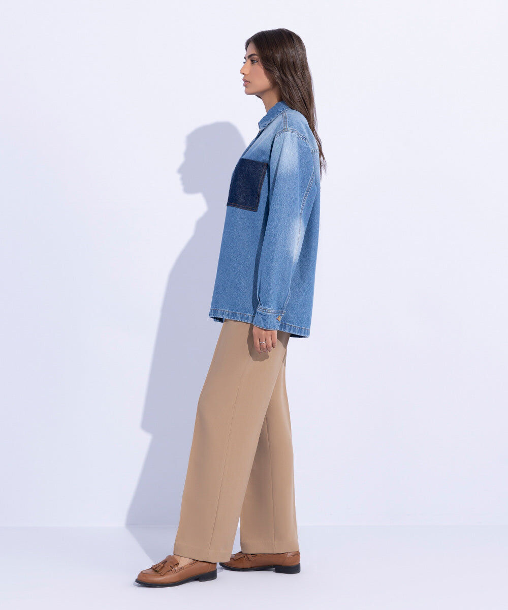 Woman - Blue Denim Overshirt with Contrasting Pocket