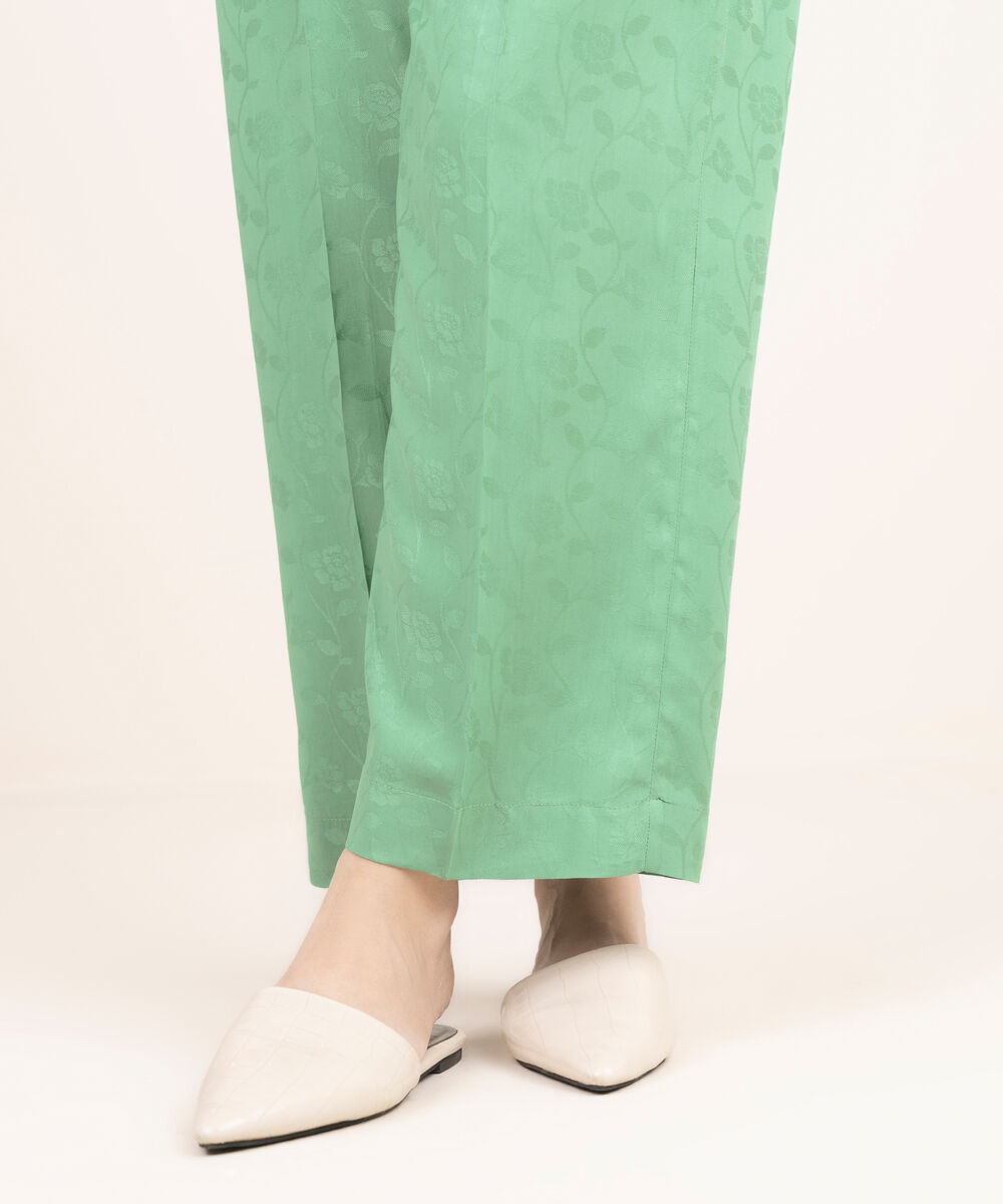 Women's RTW Arabic Self Jacquard Solid Green Straight Pants