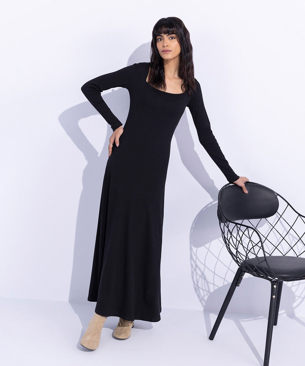 Woman - Black Square Neck Ribbed Dress
