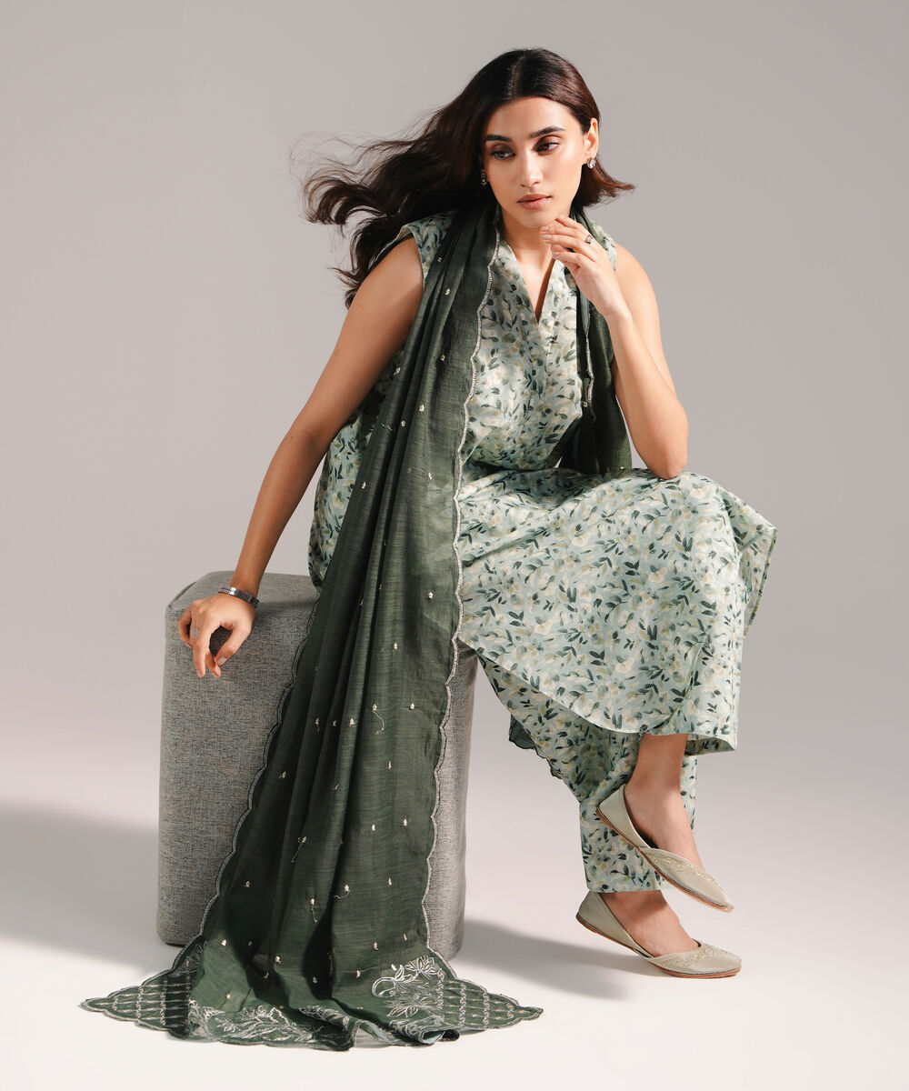 Women's RTW Zari Lawn Printed Green 3 Piece Suit