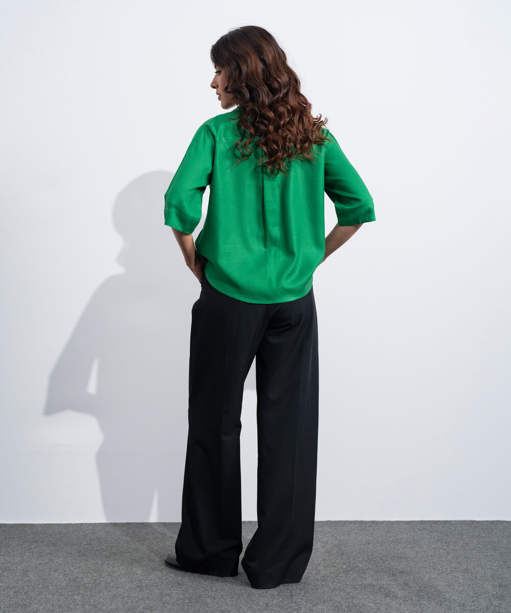 Women's Western Green Linen Blend V-Neck  Top