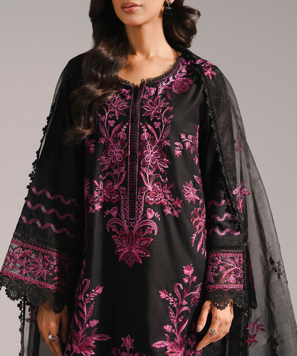 Women's RTW Cotton Satin Embroidered Black 3 Piece Suit