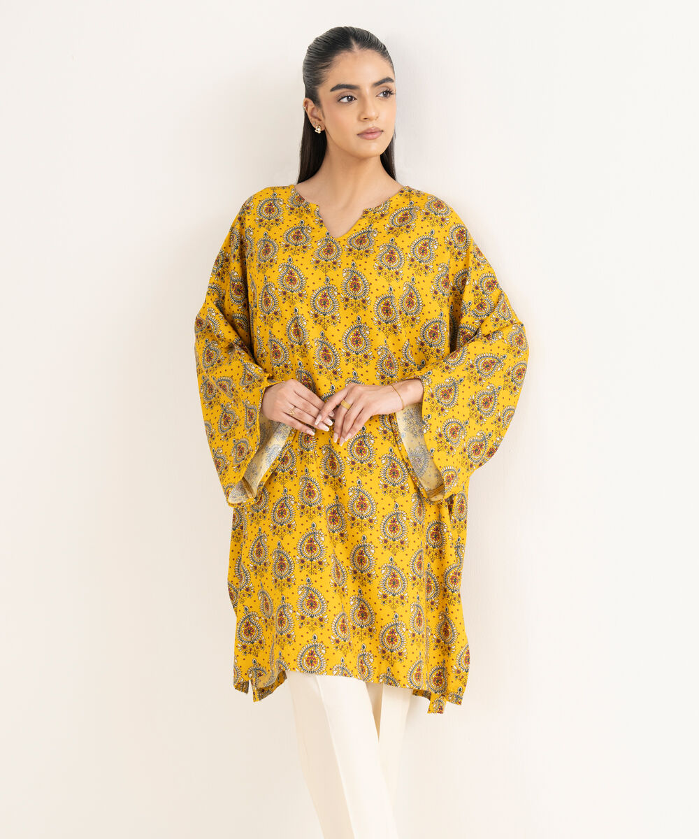 Women's RTW Textured Viscose Printed Drop Shoulder Yellow Shirt