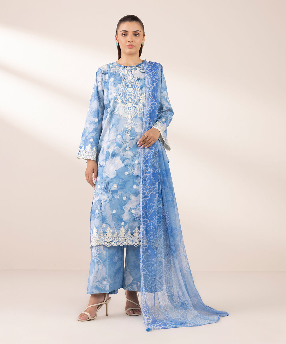 Blended Chiffon Blue Printed Dupatta