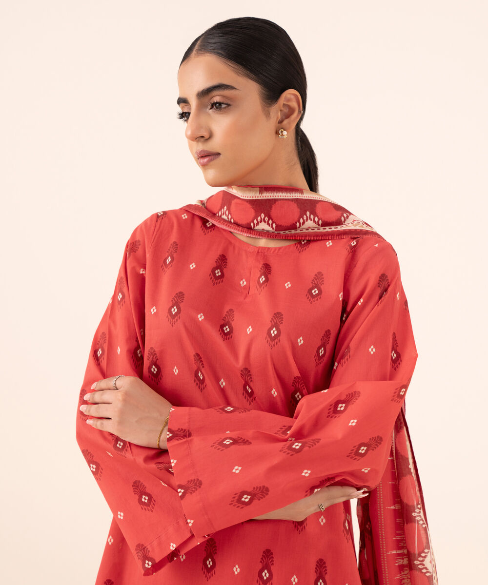 Women's Unstitched Cotton Printed Red Three Piece Suit