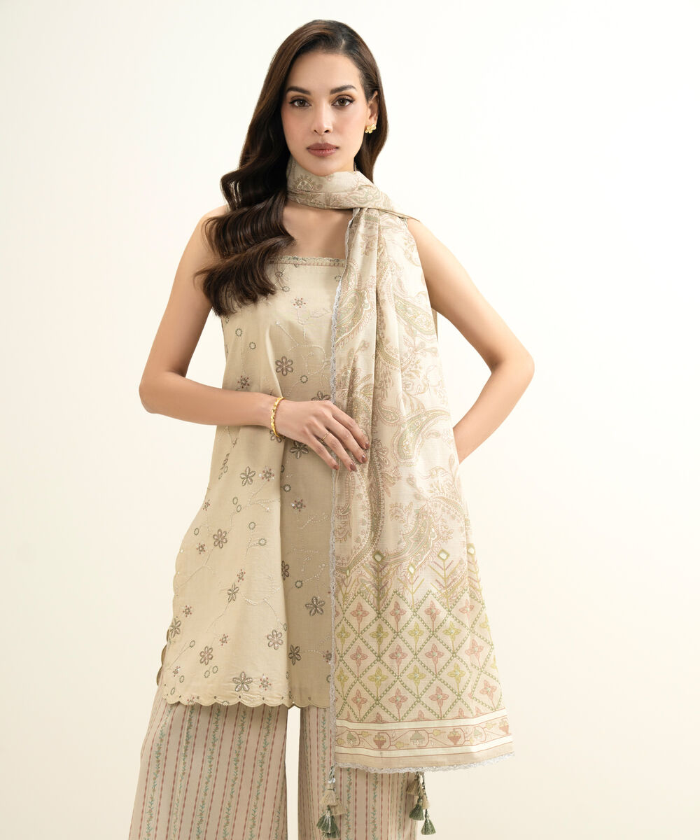 Women's Unstitched Lawn Embroidered Beige 3 Piece Suit