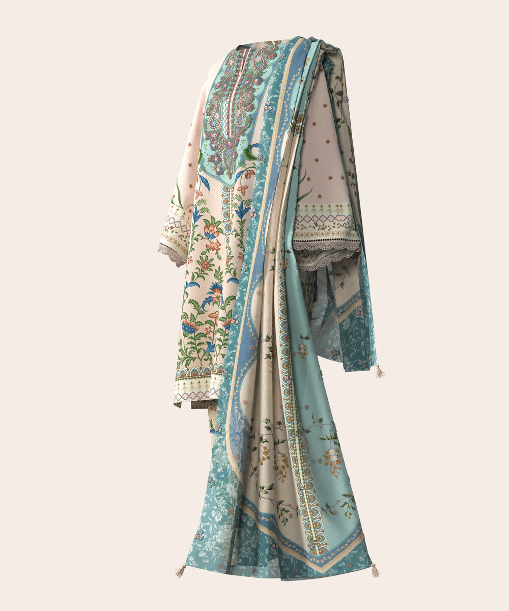 Women's Unstitched Lawn Beige  Embroidered 3 Piece Suit