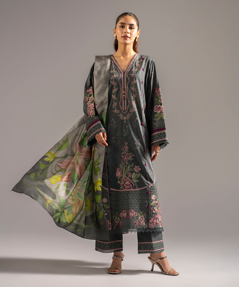 Women's RTW Slub Lawn Embroidered Dark Green 3 Piece Suit