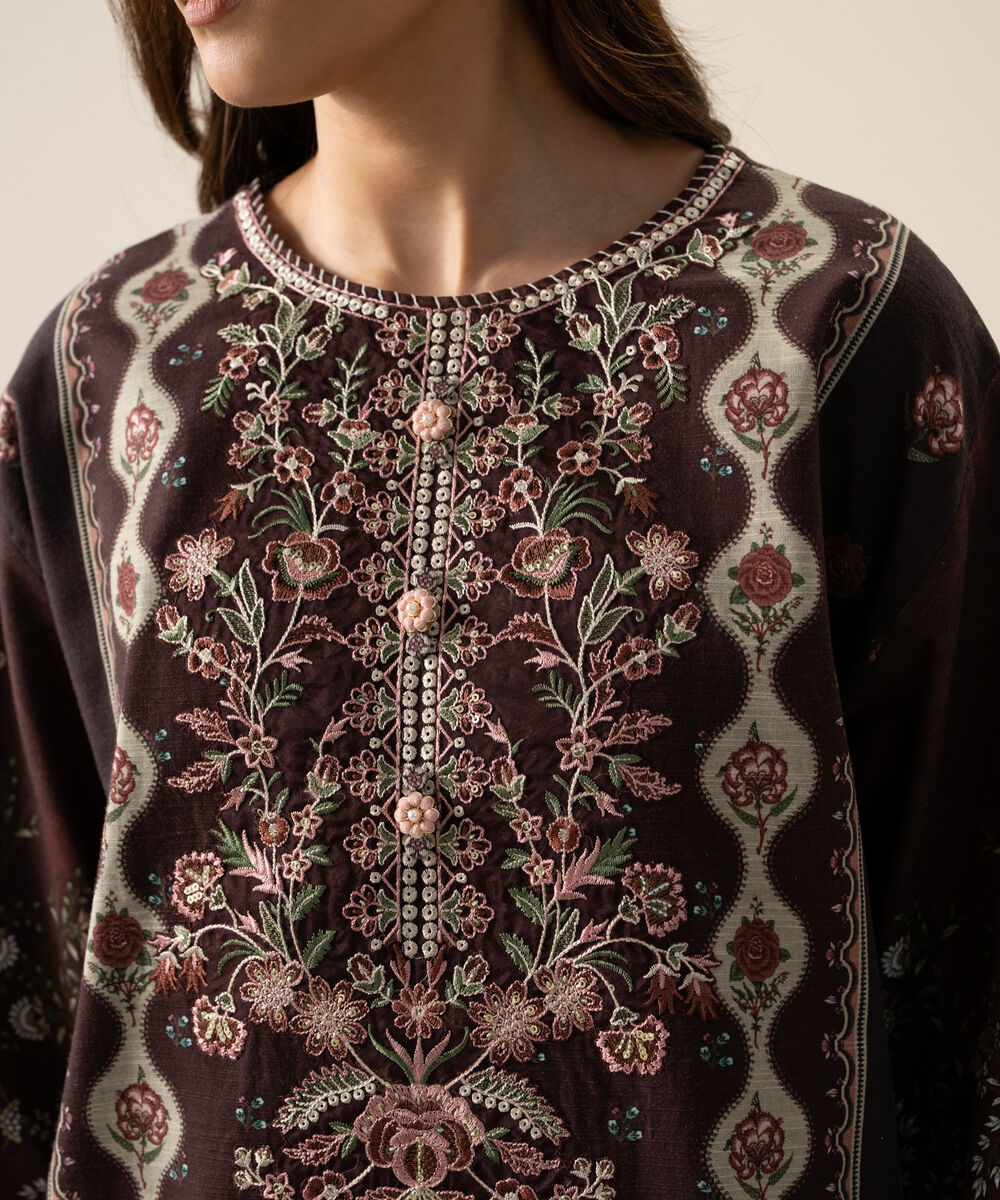 Women's Unstitched Light Khaddar Printed Burgundy 2 Piece Suit