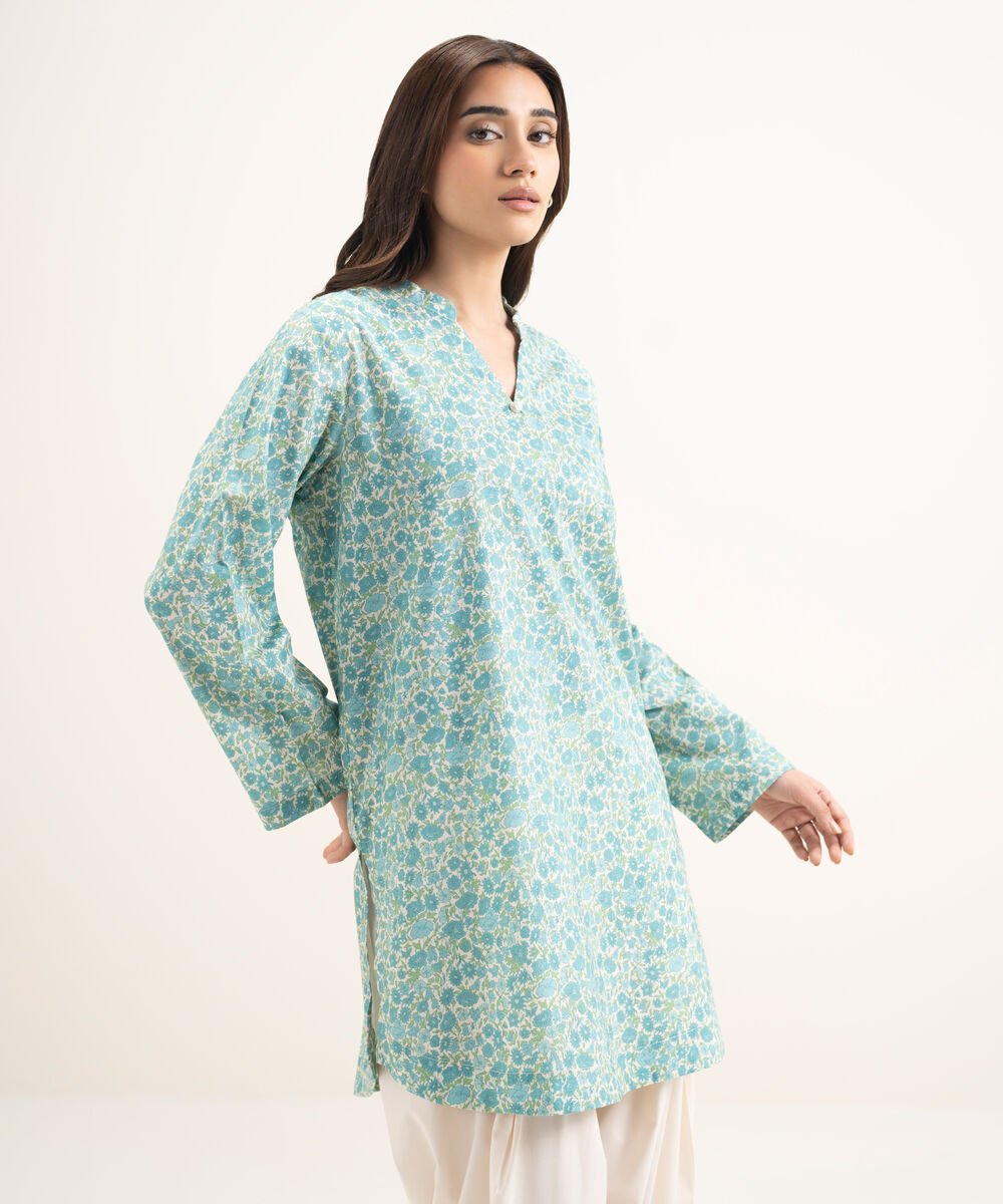Women's RTW Cotton Viscose Printed Blue Straight Shirt