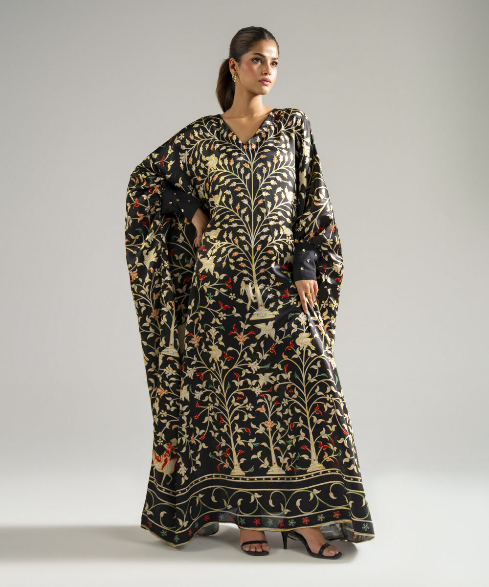 Women's RTW Blended Satin Printed Black Kaftan