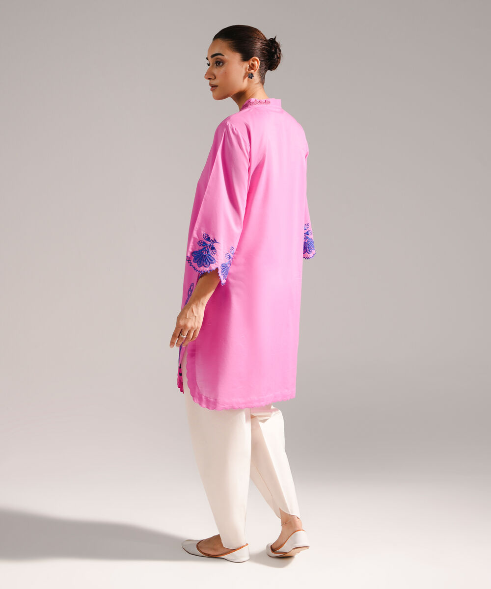 Women's RTW Slub Lawn Embroidered Straight Pink Shirt