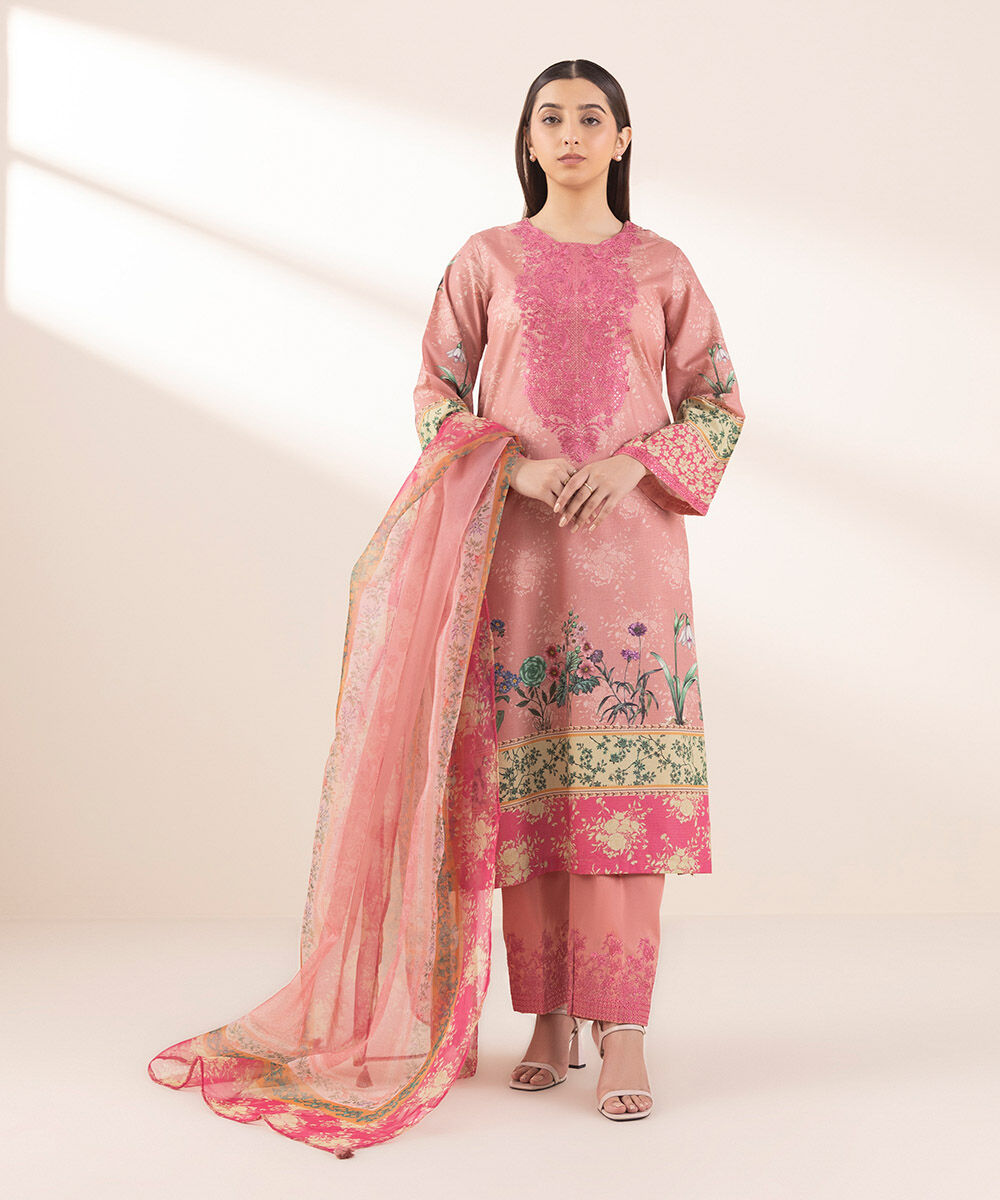 Woman - Pink Printed Organza Dupatta