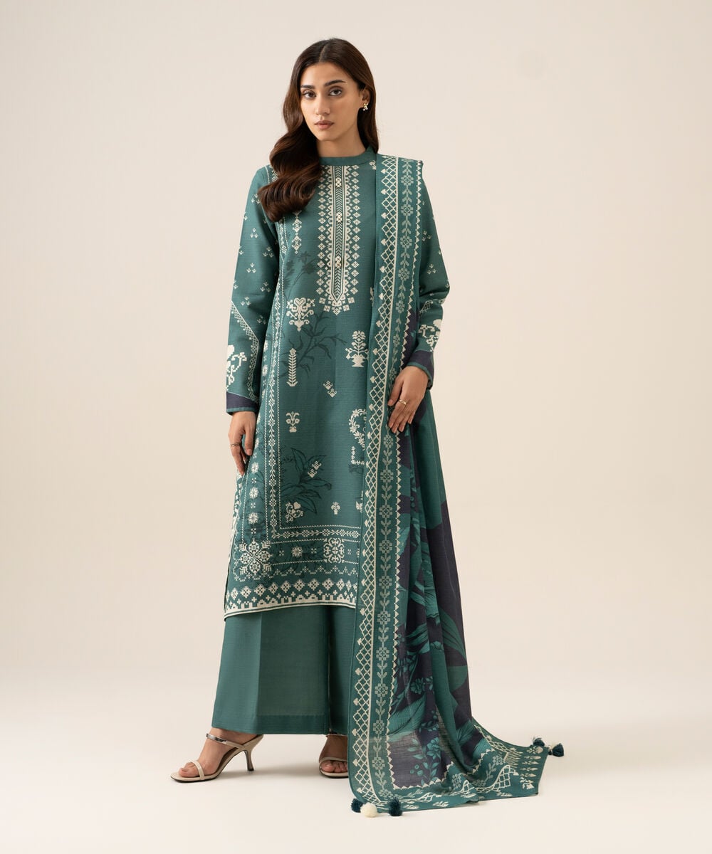 Women's Unstitched Premium Khaddar Printed Green 3 Piece Suit
