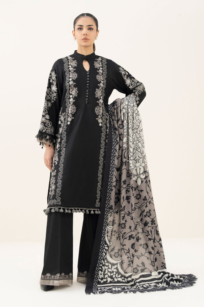 3 Piece - Embroidered Cotton Satin Suit