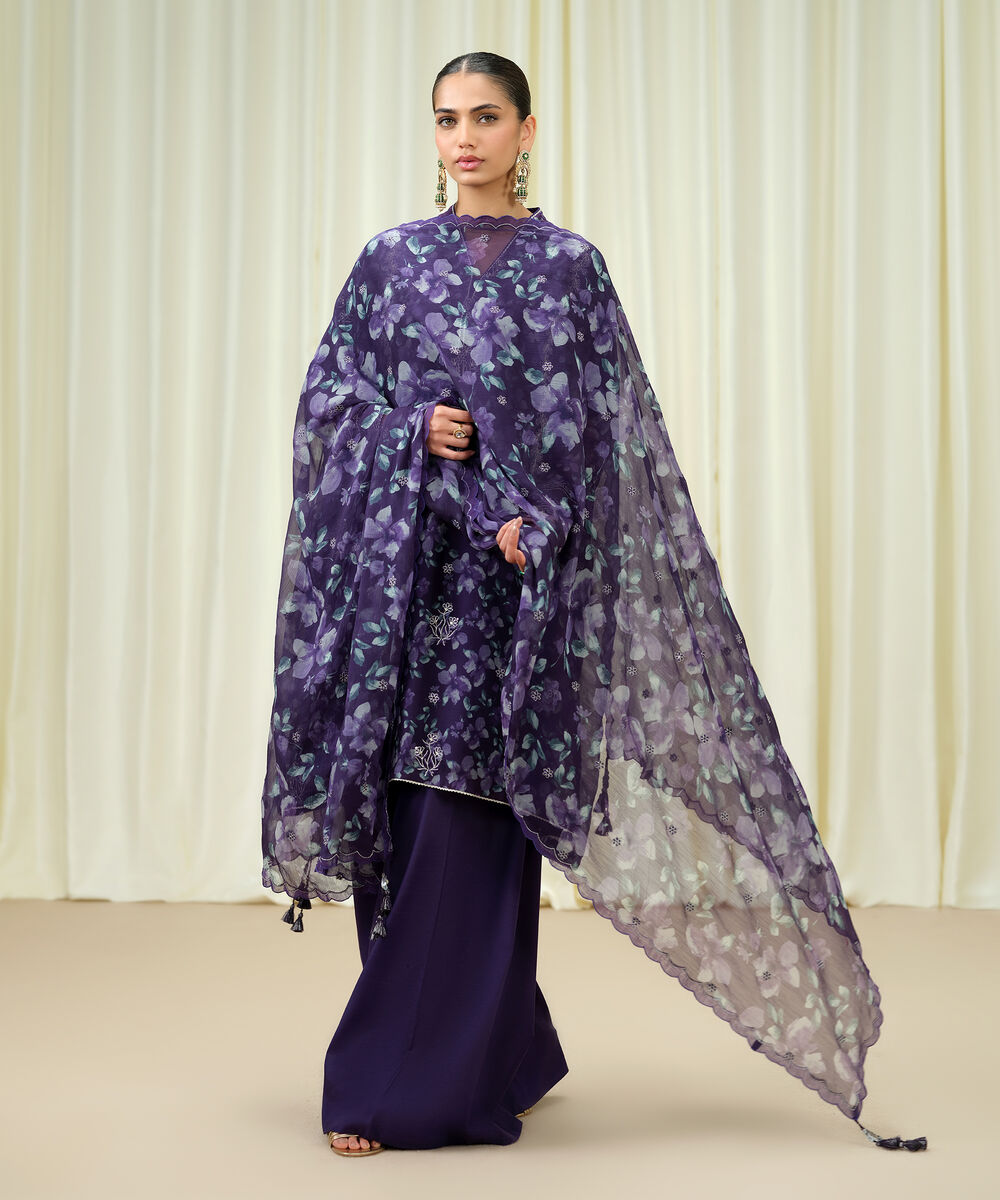 Women's Unstitched Blended Chiffon Embroidered Purple 3 Piece Suit