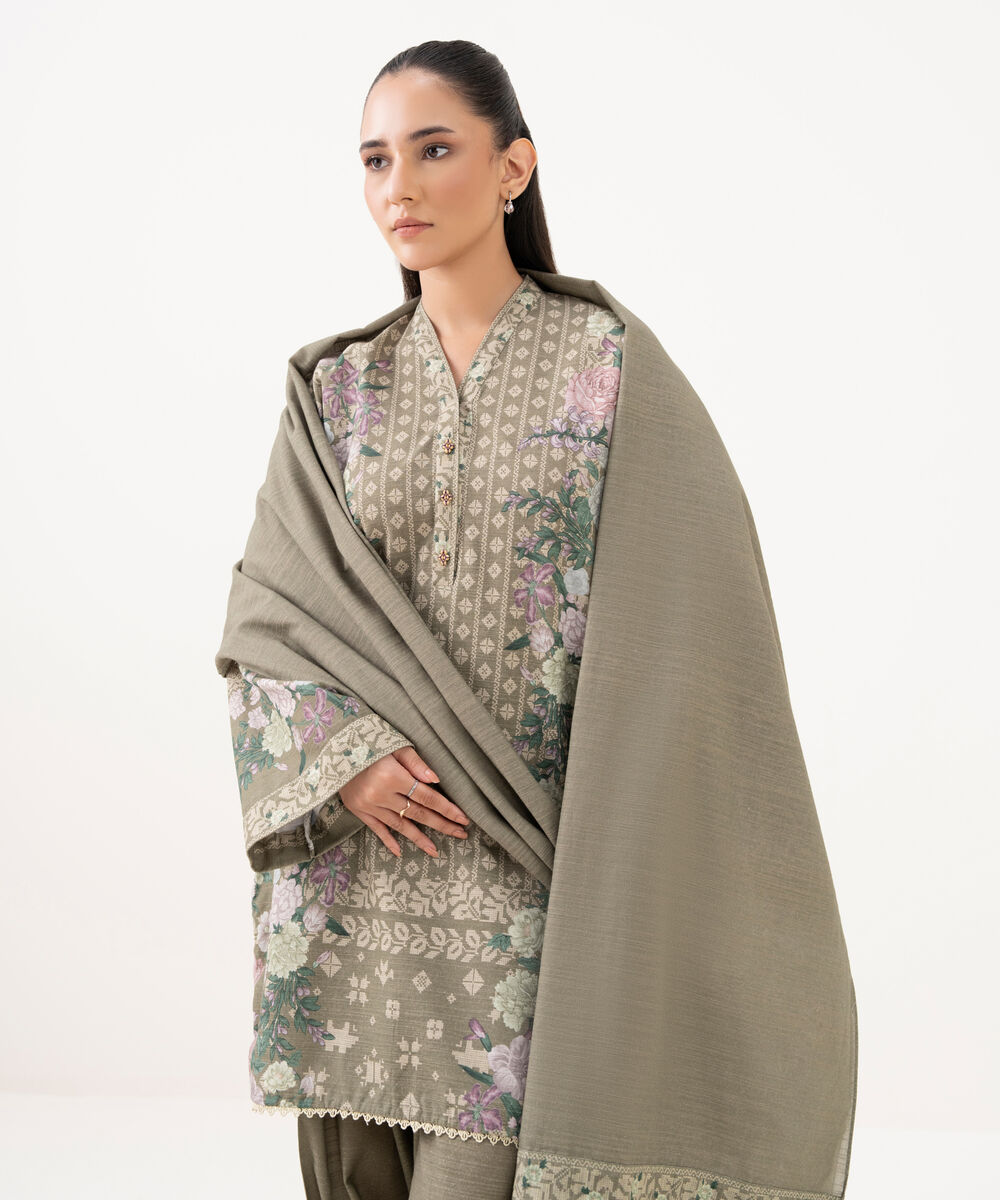 Women's Unstitched Cotton Printed Grey 3 Piece Suit