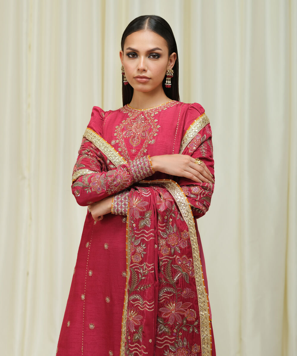 Women's Unstitched Raw Silk Embroidered Red 3 Piece Suit
