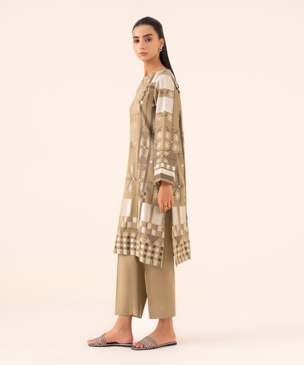 Women's RTW Extra Weft Jacquard Brown Solid A-Line Shirt