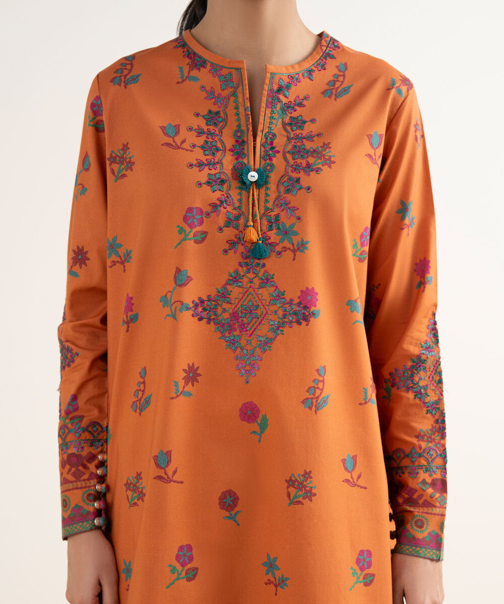 Women's Unstitched Cotton Embroidered Orange 3 Piece Suit