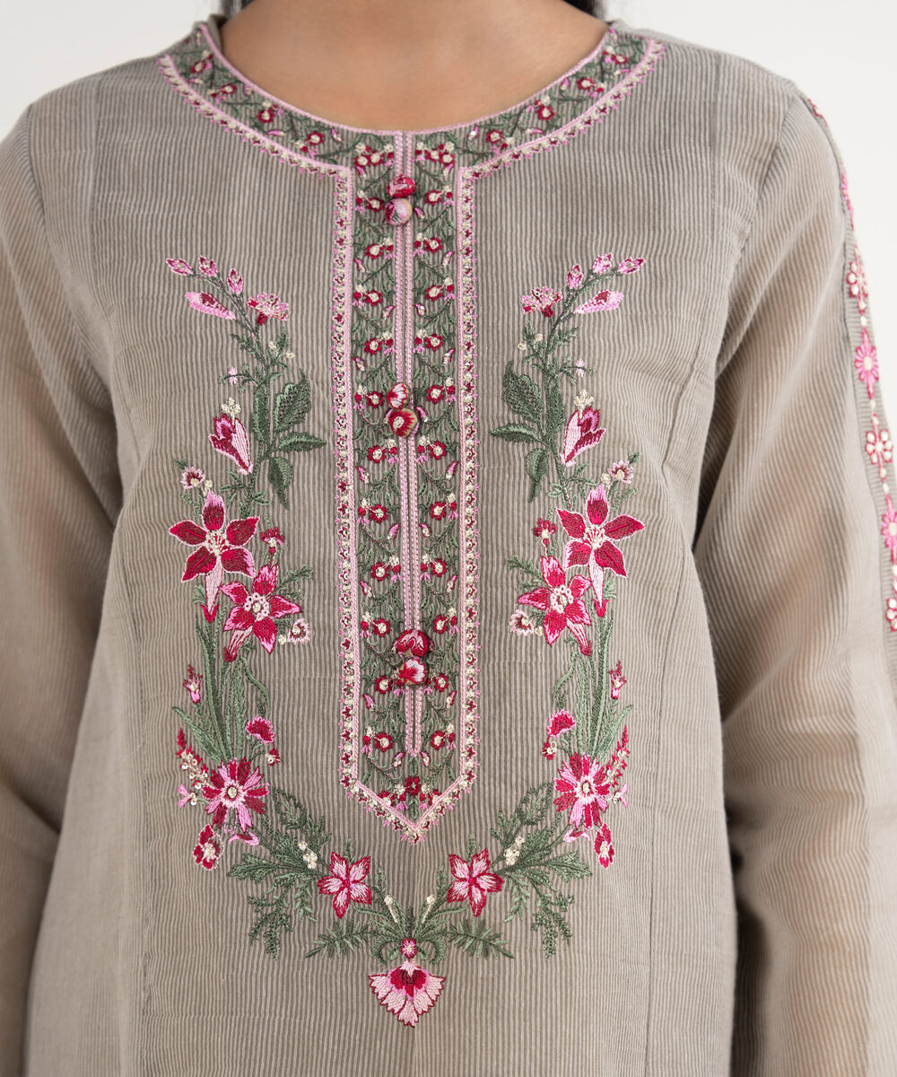 Women's RTW Blended Textured Karandi Embroidered Straight Grey Shirt