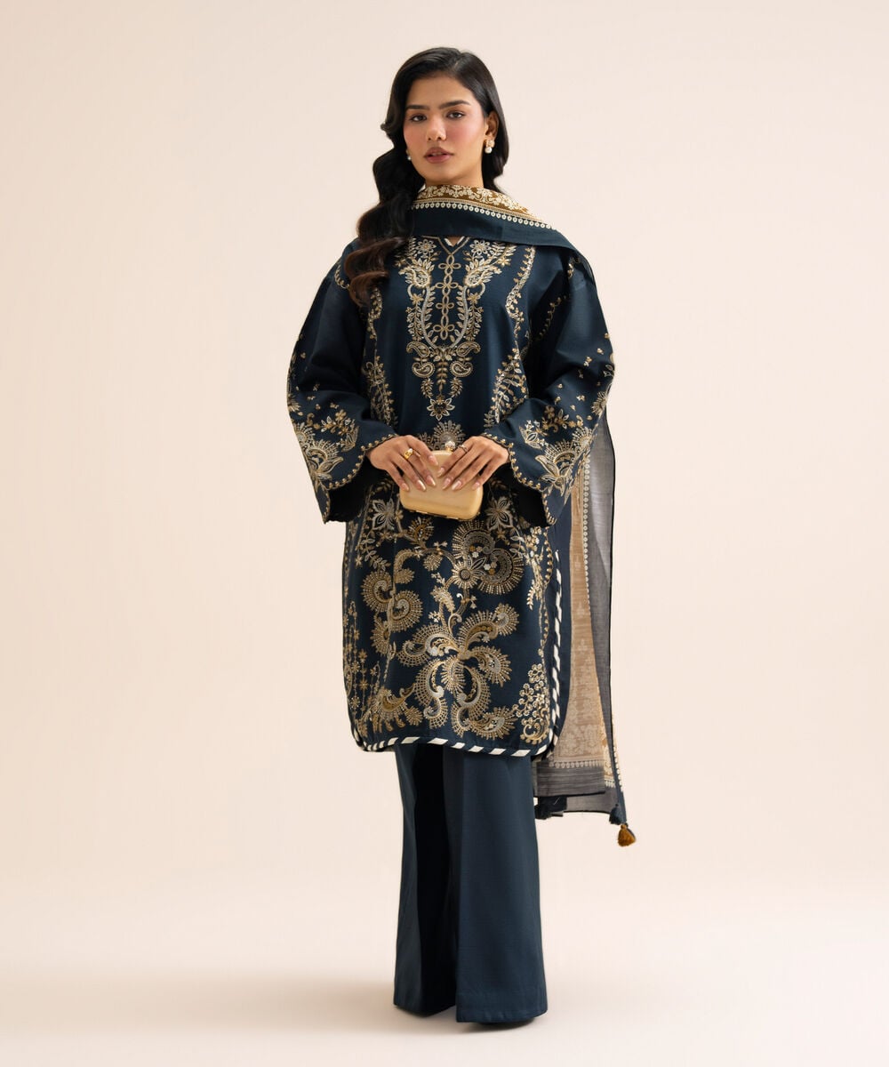 Women's Unstitched Light Khaddar Embroidered Blue 3 Piece Suit