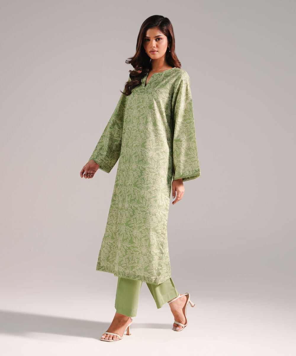 Women's RTW Cotton Viscose Printed Green 2 Piece Suit