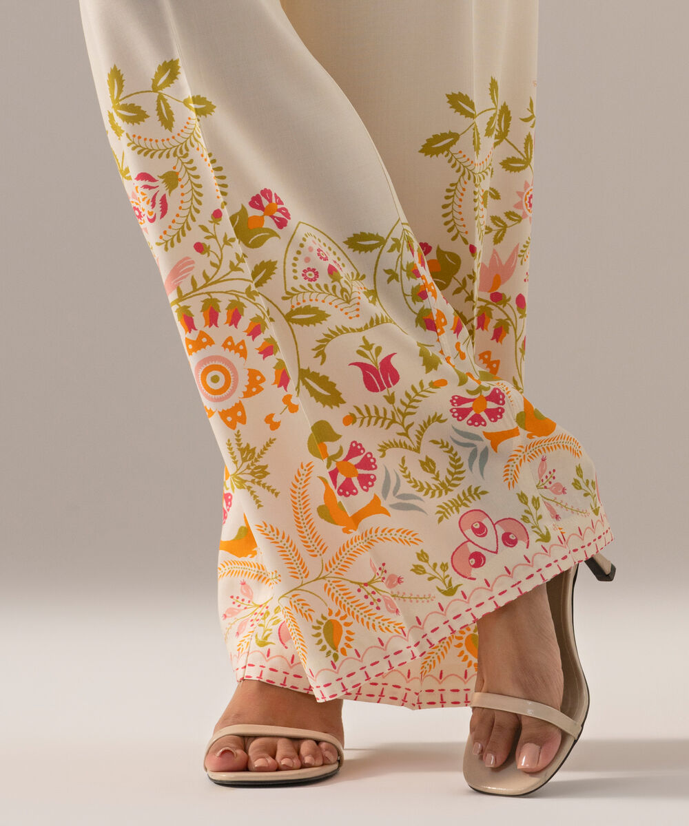 Women's RTW Arabic Cambric Printed Off White Straight Pants