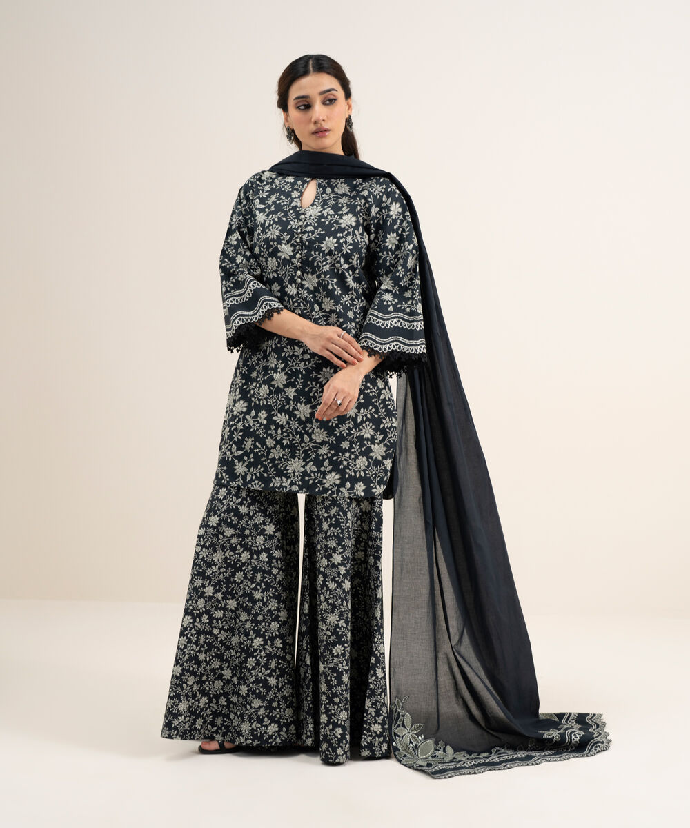 Women's Unstitched Lawn Embroidered Black and Off White 3 Piece Suit